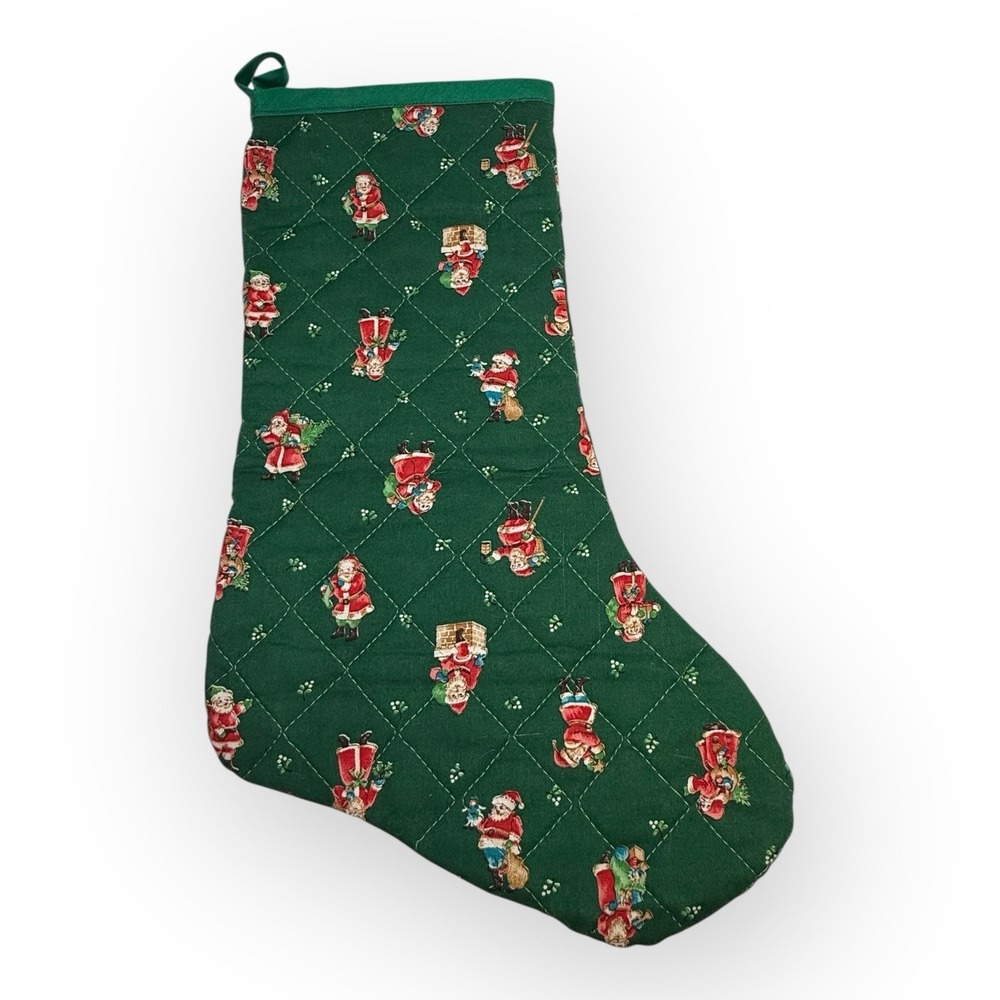 Vintage 1980s Quilted Santa Christmas Stocking Green Traditional Holiday Retro